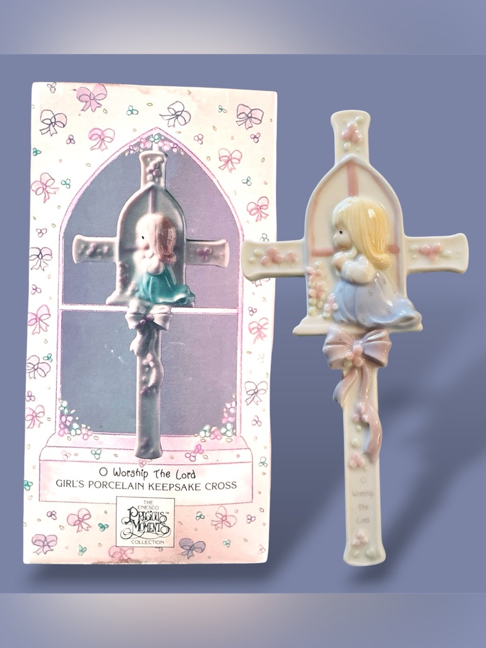 VTG 1990 Precious Moments Enesco Porcelain Keepsake Cross Praying Girl w/box